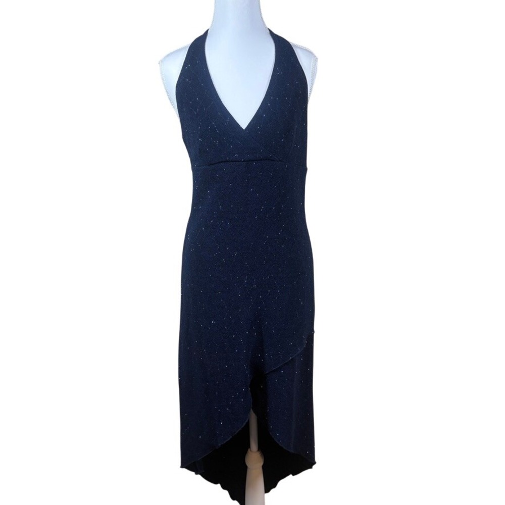 Vtg 90s City Triangles Fairy Grunge Navy Glitter Halter High Low Dress L HOCO